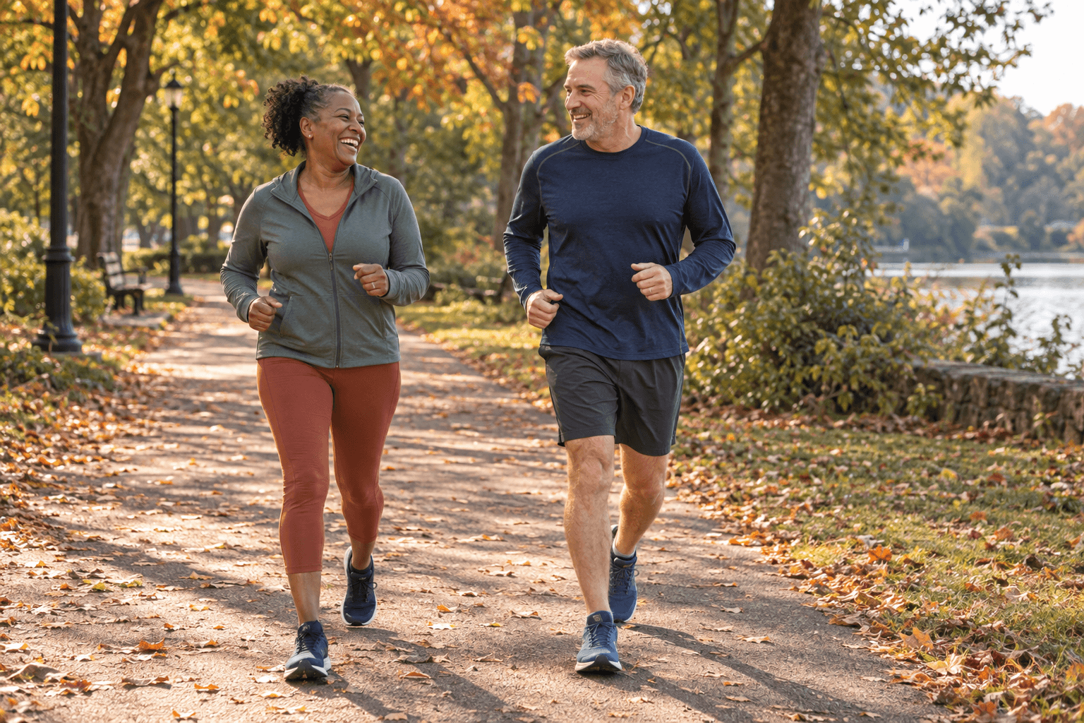 Illustrative image of middle-aged friends enjoying an easy jog together on a leafy park path
