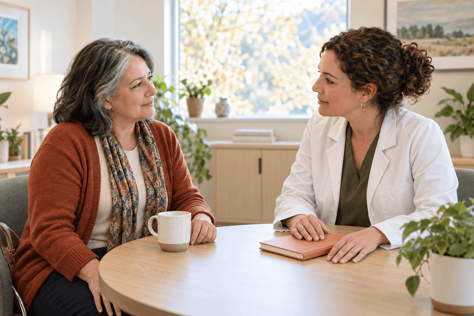 Illustrative image of a woman and a doctor having a relaxed, attentive conversation