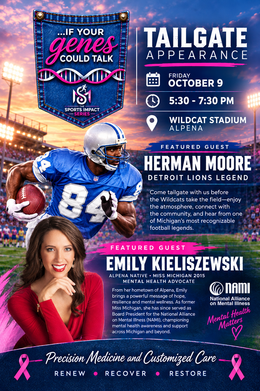 Sports Impact Series tailgate flyer featuring Herman Moore and Emily Kieliszewski: October 9, 5:30–7:30 PM at Wildcat Stadium in Alpena